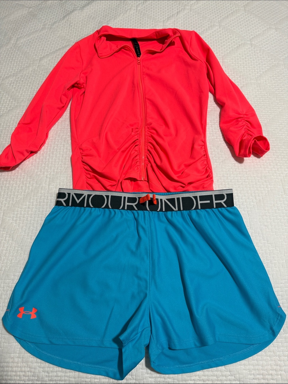 Under Armour Blue Athletic Shorts with Bright Coral Zip Top